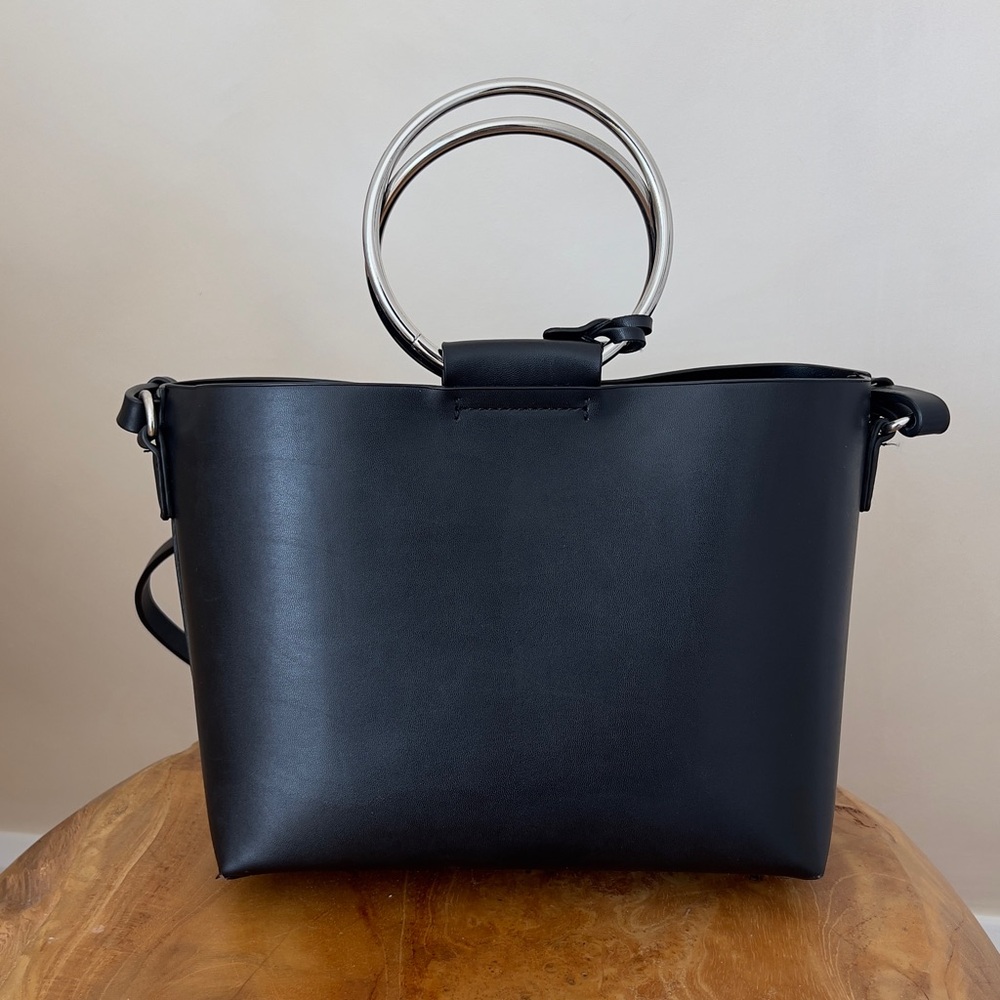 Zara Black Leather Tote with Silver Ring Handles